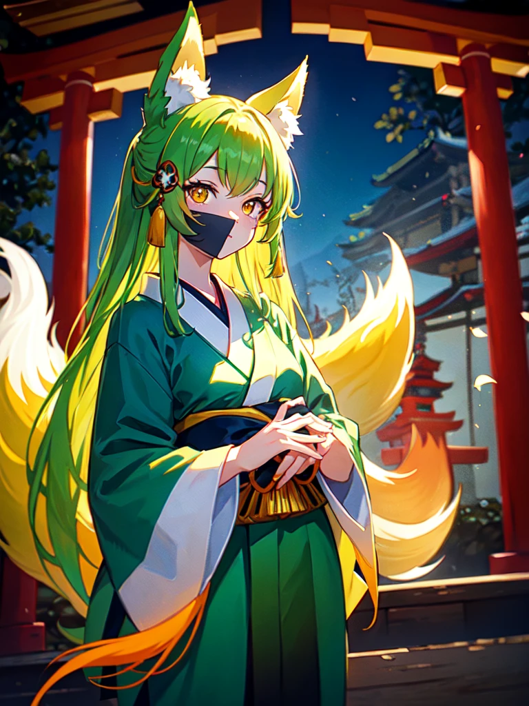 Anime girl with green long hair kitsune Mimi wear kimono yukata hakama, matcha green long hair, kitsune mimi, kemono mimi, kemo mimi, detail eyes (red yellow orange gradient fox eye), shining eye, glowing Cristal eye, piercing glowing eye, beautiful eye.Three tail fox.japan shrine,red Shrine, shinto shrine. Lake background, Snowy mountain. 4k resolution, masterpiece art, detail hair, detail fingers, 4 fingers, high resolution, Symmetrical Fingers. Night.