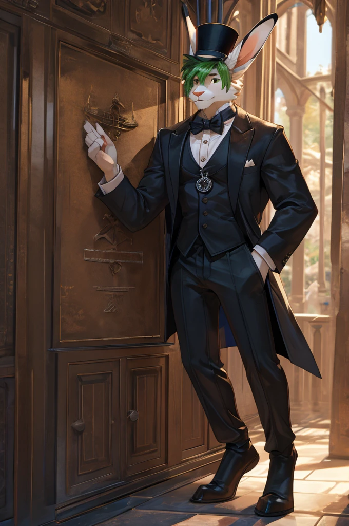 white fur, green hair, top hat, black vest, long ears, rabbit, droopy ears, male, pocket watch, long legs, digitigrade legs, (tall:1.9)