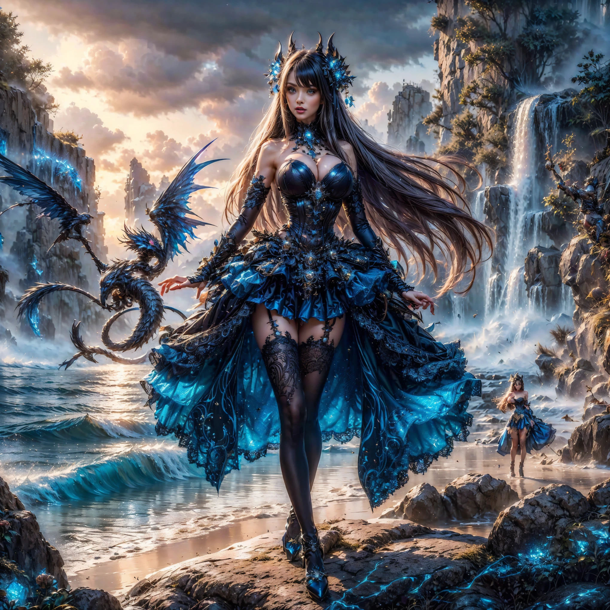 An asian woman with loose hair, standing on the stairs in the middle of a magical atmosphere, with a predominantly black and blue costume, a strapless corset-style dress decorated with bright purple jewels, a short tutu skirt, black shimer thigh-high stockings with lace tops and ornaments purple jewels, white high heels with gold decoration, grand staircase background under mysterious sky full of stars and celestial bodies, crystal detailed, hyper realistic, hyper detail Transparent clothing, Detailed gemstones, masterpiece, best quality:1.2),,(8k,highres,RAW photo,realistic,photo-realistic:1.3),(detailed skin texture,detailed cloth texture, beautiful detailed face:1.25),professional lighting,photon mapping,beautiful soft light,radiosity,physically-based rendering,raytracing, model shoot style, model shoot style, (extremely detailed CG unity 8k wallpaper), full shot body photo of the most beautiful artwork in the world (NSFW), (Nude), (big breast) (Naked), (Nipple) (pussy) (small pussy) (exposed pussy) (Navel)