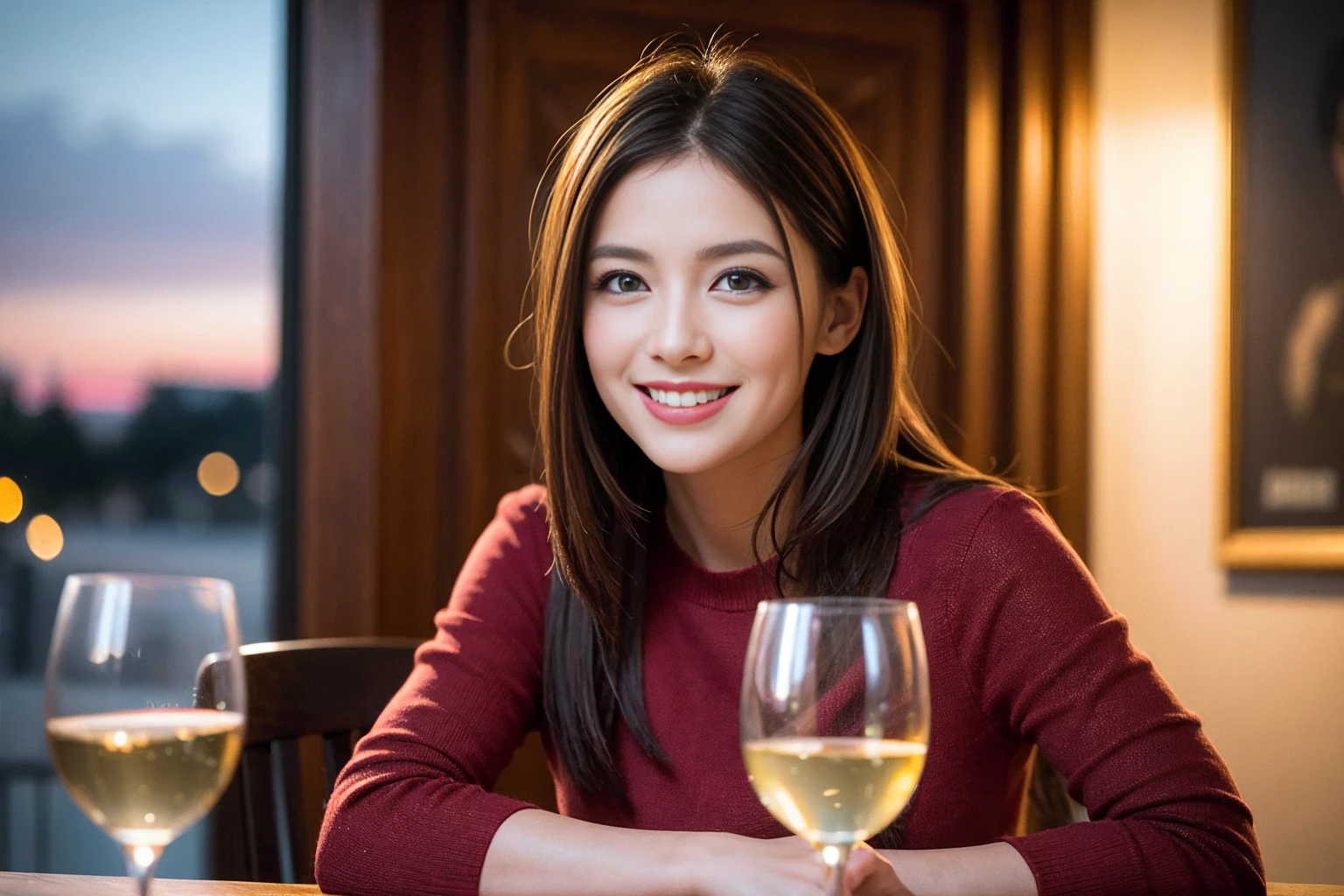 ((Highest quality、8K、masterpiece:1.3))、のsmile、1 male、1 female、Beautiful couple、love love love、Lovers in Paris、Good friends、actress couple、smile、Full-course dinner at a packed table、Brown Hair Couple、the body is スリム、((Bob Hale、Straight hair:1.2)), (Realistic, Intricate details:1.2), Wine glasses on the table、Put the light on your face、 Amazing view of the sunset sky and clouds、A bright smile、The wonderfulness of smile、Bright image、The beauty of wine, Beautiful Face, blue eyes, The light shines on your face, Blushing, short hair,Bright Face、 (Age 37), 39 years old, red wine 、Wine bottle、Champagne、sparkling wine、Two beauties、Brown Hair、Shortcuts、Long sleeve shirt、dress、Beautiful woman 1, (Slim face), (the body is スリム), (Brown Hair), (Shortcuts), cheeks turn a little red,Attractive beauty、restaurant,