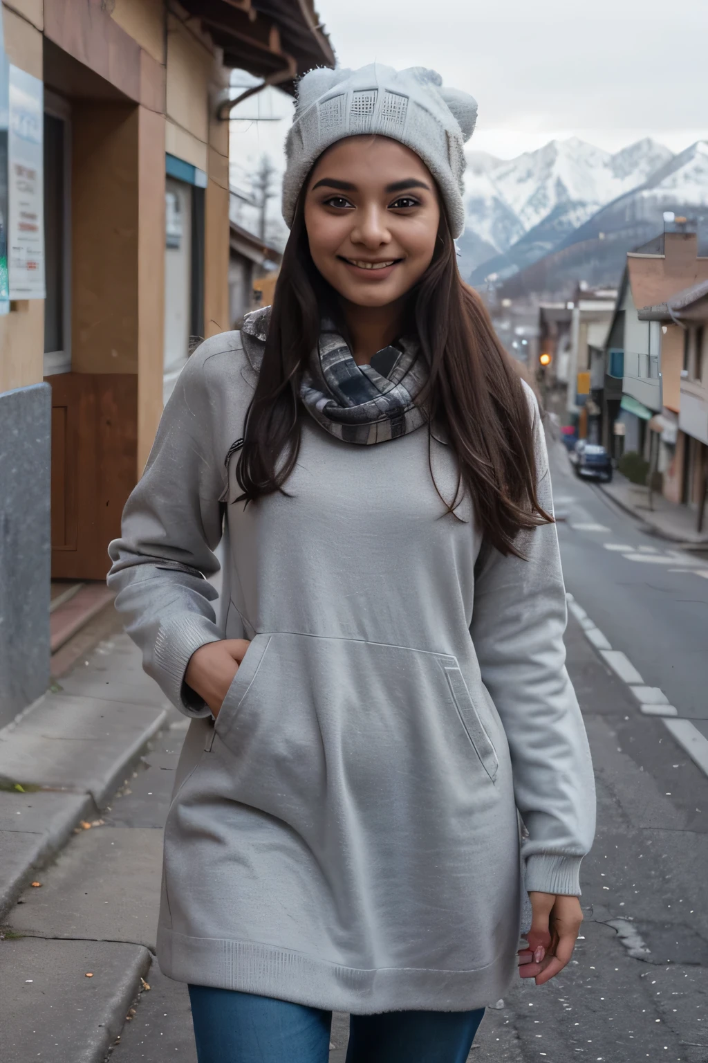 A 21 year old beautiful Indian girl with long hair smiling face beautiful eyes wearing a winter dress and jeans pant cold cap on head standing in a street between mountains very cold weather mountain in the background wearing sunglasses in eyes