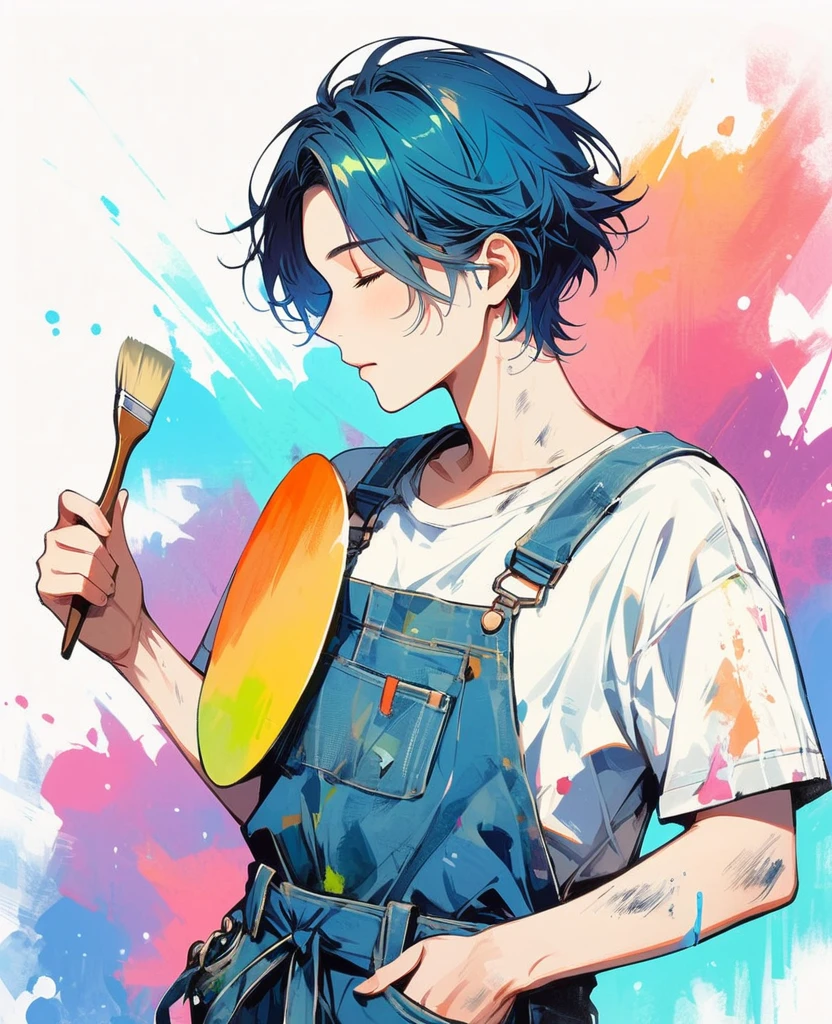 (work of art, better quality:1.2), 1 man, alone, Wear dirty overalls., With brush and palette in hand. short hair, Colorful and dreamy hair. young man,