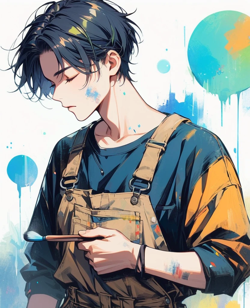(work of art, better quality:1.2), 1 man, alone, Wear dirty overalls., With brush and palette in hand. short hair, Colorful and dreamy hair. young man,
