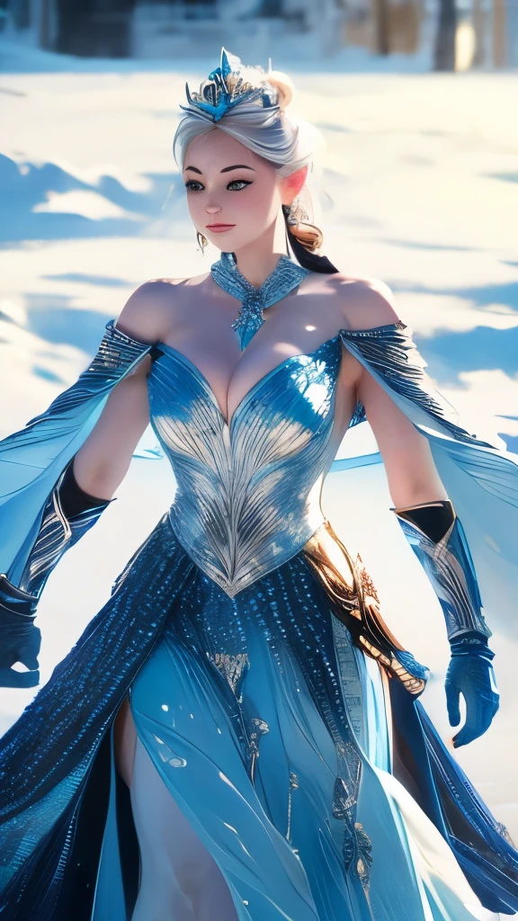 The princess stands before you, clad in an armor of ice that transfigures her into a true queen of the snowy realm. Each armor piece is a frozen masterpiece, crafted with painstaking precision. The shoulder pads exhibit ice spikes, acting as chiseled defenses that glisten with reflected shades of blue and white. Intricate designs of frosted crystals embellish every surface, presenting a mesmerizing display that seems to sway under the light. Translucent plates shield her chest, akin to living glass, reflecting and scattering light into a myriad of shimmering tones. Delicate ice pendants dangle from her armor, emitting a soft,
