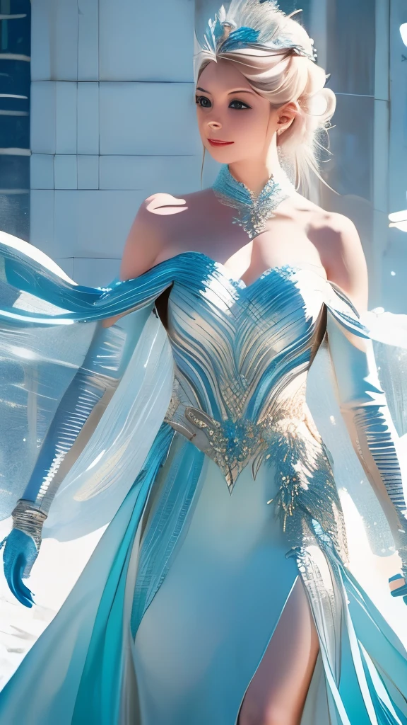 The princess stands before you, clad in an armor of ice that transfigures her into a true queen of the snowy realm. Each armor piece is a frozen masterpiece, crafted with painstaking precision. The shoulder pads exhibit ice spikes, acting as chiseled defenses that glisten with reflected shades of blue and white. Intricate designs of frosted crystals embellish every surface, presenting a mesmerizing display that seems to sway under the light. Translucent plates shield her chest, akin to living glass, reflecting and scattering light into a myriad of shimmering tones. Delicate ice pendants dangle from her armor, emitting a soft,