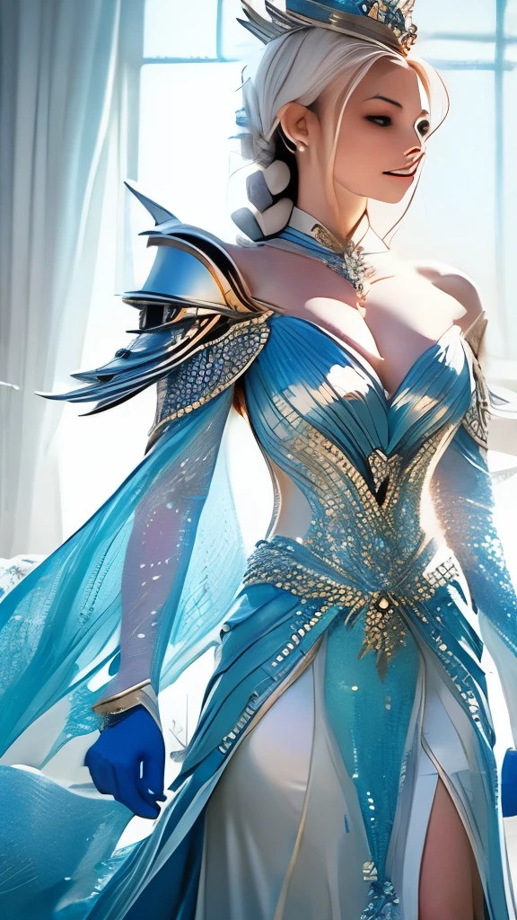 The princess stands before you, clad in an armor of ice that transfigures her into a true queen of the snowy realm. Each armor piece is a frozen masterpiece, crafted with painstaking precision. The shoulder pads exhibit ice spikes, acting as chiseled defenses that glisten with reflected shades of blue and white. Intricate designs of frosted crystals embellish every surface, presenting a mesmerizing display that seems to sway under the light. Translucent plates shield her chest, akin to living glass, reflecting and scattering light into a myriad of shimmering tones. Delicate ice pendants dangle from her armor, emitting a soft,