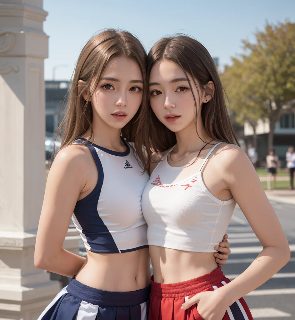 (Full Body Photo), 8k, FHD, ((Ultra Res)) (Real Face: 1.2), (Light and Vivid Colors) (Real Skin Texture), (Masterpiece), (Best Quality), (Natural Skin , soft and pale), red hair that shows one ear). (bright, vibrant, detailed gray eyes). (Expressive eyes with extreme details. 2girls, multiple girls, natural lighting, masterpiece, highly detailed, illustration, game CG, absurdres, high quality, hug, glossy lips, looking at viewer, cheerleader, midriff