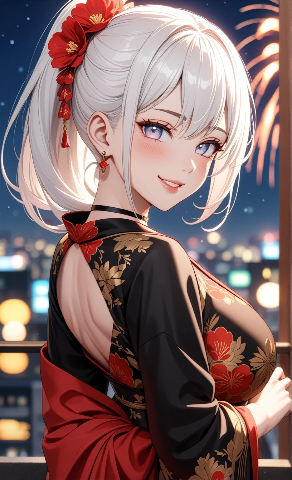 ((One personの女性)), Beautiful Face, (smile shyly), (Laughing embarrassedly), ((Wink:2.0)), Laugh with your mouth wide open,((Bright red cheeks:1.4)),Shiny red lips,night, rooftop, firework, Glossy pink lips,Facial lighting,((Anime style background)),masterpiece, Highest quality, so beautiful,up to date, Complex details, (Pink long nails),  (ring),(bracelet),(choker),AI-generated, Complex,High resolution, Highest quality, super high quality,3D Images、3D Images, looking at viewer, One person,Long white hair,High Ponytail,(blue eyes),Anime woman posing for a photo, ((Fine grain、Silvery white colorful eyes、Shining Eyes:1.3)),(Squint your eyes:1.1),a hyperRealistic , hyperRealistic , Realistic,Anime woman with long white hair, Smooth anime CG art, A woman in a colorful kimono with gold embroidery, (Black long sleeve kimono),Red floral pattern,Long flower hair ornament,Earrings,Mature Body,(Big Breasts:1.1),Tall,Abdominal muscles,Narrow waist,(Zoom up to face), ((looking back)),