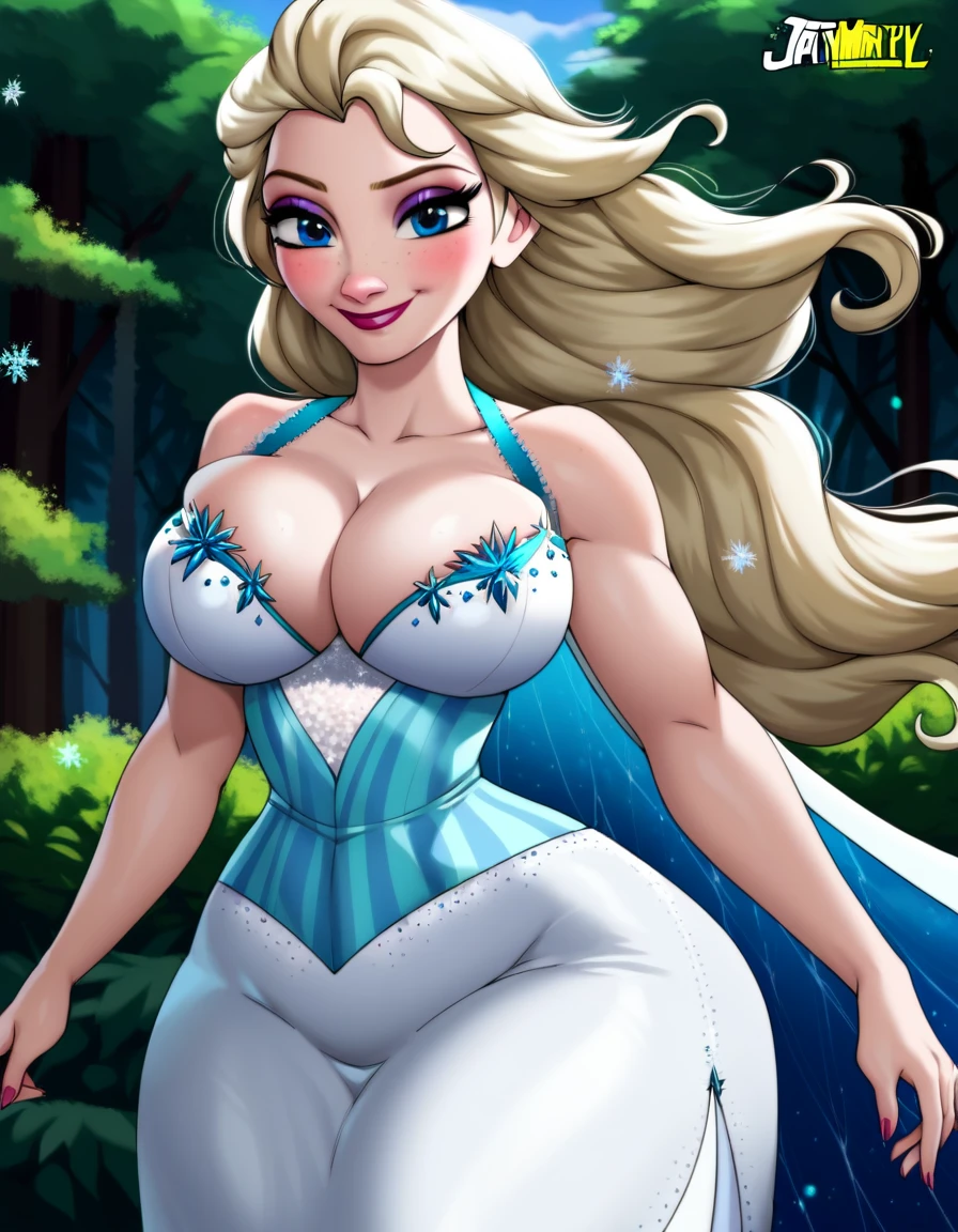 WITHTH YOUR BACK TO THE CAMERA,((ultra quality)), ((masterpiece)), (((best quality, highly detailed ))) highly detailed, score_9, score_8_up, score_7_up, score_6_up,source_Anime,BREAK, elsa, 1girl, elsa (frozen), (Beautiful face), (beautiful female lips), solo, blue eyes, blonde hair, long hair, dress, makeup, freckles, smile, lipstick, bare shoulders, white dress, large breasts, half body,looking to the sky, cleavage, s, (beautiful female hands), ((ideal female figure)), ideal female body, beautiful waist, (massive thighs) gorgeous thighs, beautiful huge breasts, thick thighs, wide hips, forest, single, solo, smile, closed mouth, half opened eyes, blush, elsa, looking at viewer, cowboy shot