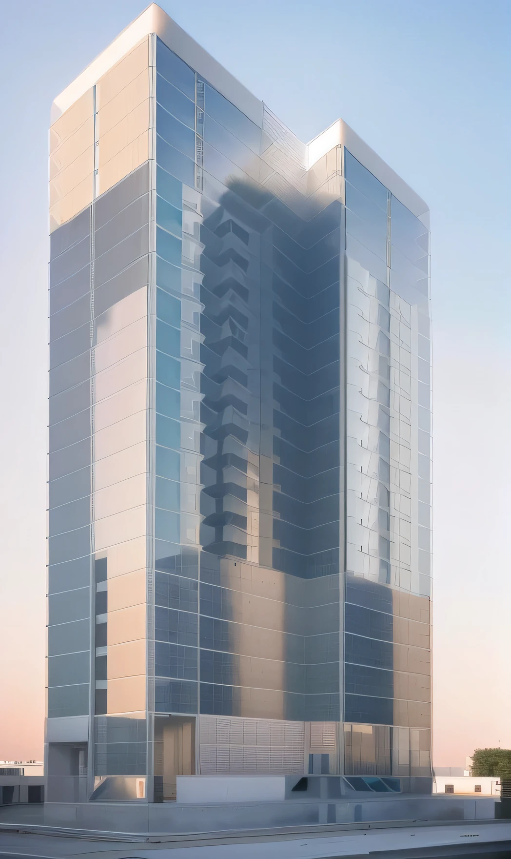 exterior of a highrise building, naoclassical style, colum and floor concrete, white facade, daylight, beautiful sky, in the city, high quality, masterpiece, uhd, 8k, raw photo,