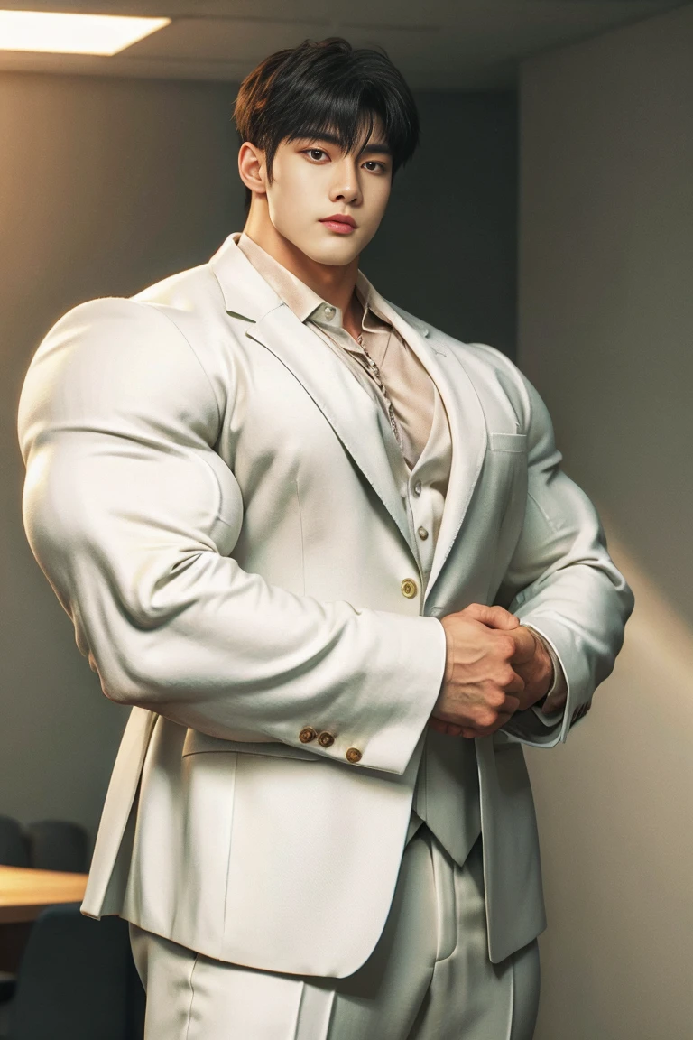 1 handsome young muscular man, (brutalmass:1.55), (kpop: 1.33), (hand behind back: 1.2), model, (detailed perfect face, black eyes: 1.2345), standing indoors, (extremely wide and broad shoulders, super muscular, giant muscles, defined abs: 1.331), (white suit: 1.555), realistic skin, (ultra realistic, detailed, high quality, 8k image quality, finely detailed, masterpiece, best quality: 1.2), facing camera, looking at camera