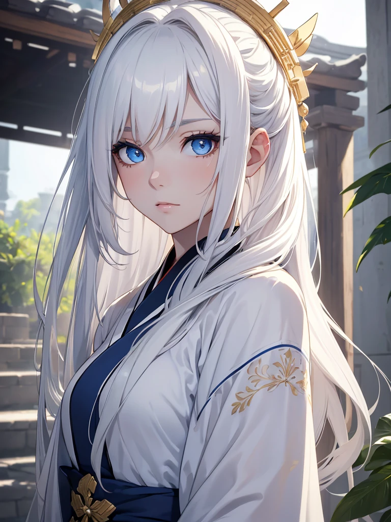 (8K, Best Quality, Masterpiece, Ultra High Resolution) 1 Girl, Woman, Beautiful Eyes, Face Details, White Hair, Long Hair, Flowy Hair, Partially Tied Up Hair, Blue Eyes, Pale Skin, Royal Kimono, White Kimono, Gold Details, Heavenly Palace, Best Quality, Upper Body, Looking at the Viewer, Facing Viewer, Close Up