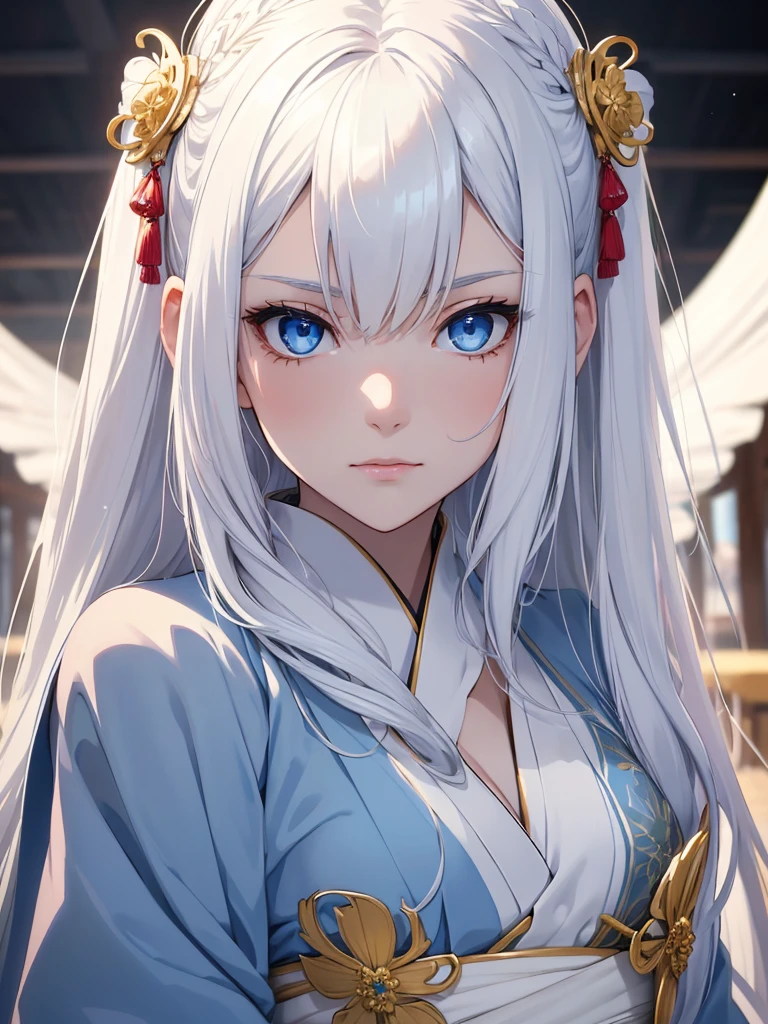 (8K, Best Quality, Masterpiece, Ultra High Resolution) 1 Girl, Woman, Beautiful Eyes, Face Details, White Hair, Long Hair, Flowy Hair, Partially Tied Up Hair, Blue Eyes, Pale Skin, Royal Kimono, White Kimono, Gold Details, Heavenly Palace, Best Quality, Upper Body, Looking at the Viewer, Facing Viewer, Close Up