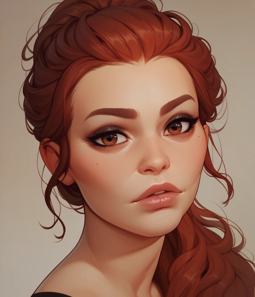 score_9, score_8_up,score_7_up, score_6_up, score_5_up, score_4_up, woman, best quality, highres, close view, solo, beautiful, long red hair, brown eyes, makeup, lips, sunny background