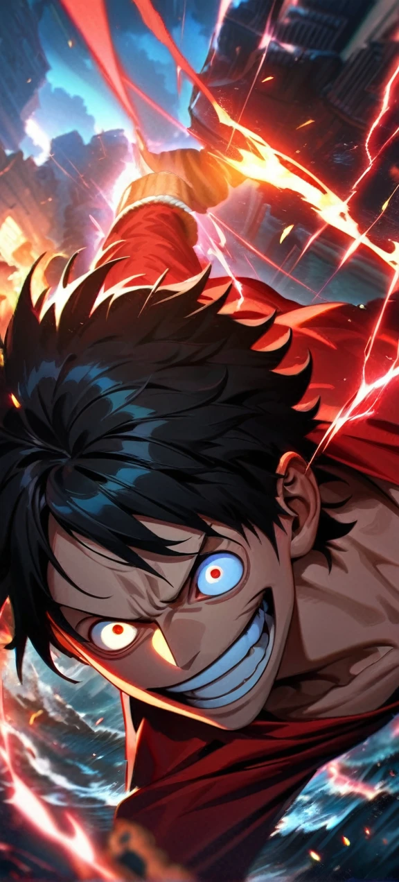 High quality, ,absurdres, highres, ultra detailed, HDR, masterpiece, extremely detailed face and eyes, Luffy , One Piece,, Black hair ,red shirt, solo, ,man, handsome, ,, Epic fight scene, red splashing effect,red lightning effect,glowing glitters , full effect, symetrical