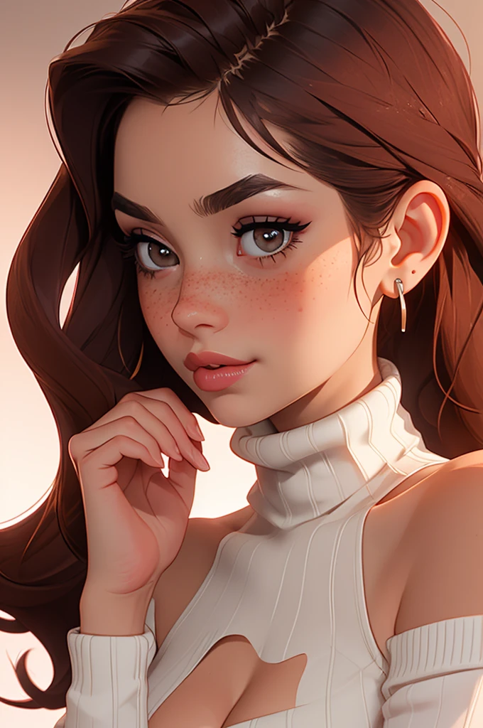 source_anime, (((extreme close up of burst of light, wool turtleneck sweater))) 1girl 18yo, backlighting, bare shoulders, black choker, blurry background, blush, breasts, choker, cleavage, closed mouth, collarbone, earrings, forehead, freckles, hair over shoulder, jewelry, long hair, looking down, pointy nose, lips glossy, shadow, solo, thick eyebrows, thick eyelashes, upper body, ginger hair, ((masterpiece))