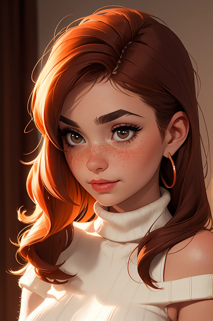source_anime, (((extreme close up of burst of light, wool turtleneck sweater))) 1girl 18yo, backlighting, bare shoulders, black choker, blurry background, blush, breasts, choker, cleavage, closed mouth, collarbone, earrings, forehead, freckles, hair over shoulder, jewelry, long hair, looking down, pointy nose, lips glossy, shadow, solo, thick eyebrows, thick eyelashes, upper body, ginger hair, ((masterpiece))