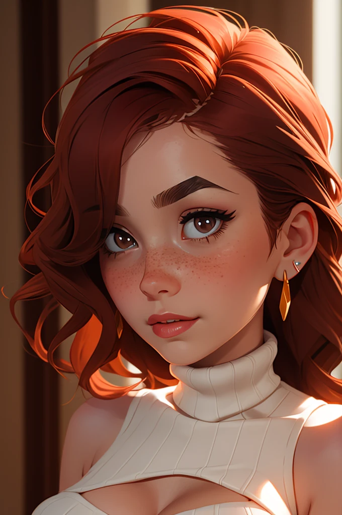source_anime, (((extreme close up of burst of light, wool turtleneck sweater))) 1girl 18yo, backlighting, bare shoulders, black choker, blurry background, blush, breasts, choker, cleavage, closed mouth, collarbone, earrings, forehead, freckles, hair over shoulder, jewelry, long hair, looking down, pointy nose,  lips glossy, shadow, solo, thick eyebrows, thick eyelashes, upper body, ginger hair, ((masterpiece))