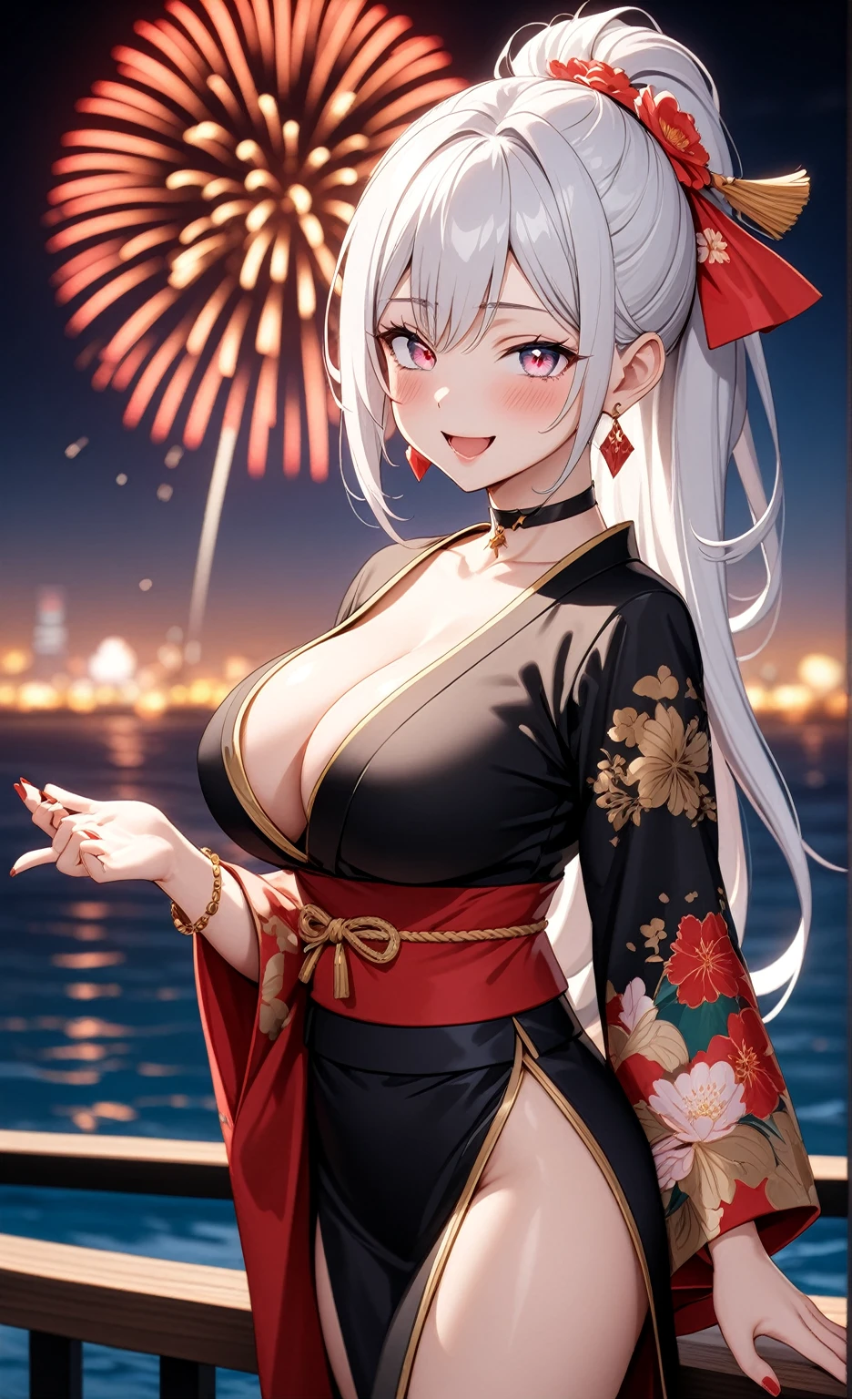 ((One personの女性)), Beautiful Face, (Laughing embarrassedly), embarrassed, ((Wink:1.9)), Laugh with your mouth wide open,((Bright red cheeks:1.4)),Shiny red lips,night,横浜のnight景,You can see the ocean, firework,,Glossy pink lips,Facial lighting,((Anime style background)),masterpiece, Highest quality, so beautiful,up to date, Complex details, (Pink long nails), (ring),(bracelet),(choker),AI-generated, Complex,High resolution, Highest quality, super high quality,3D Images、3D Images,One person, looking at viewer,Long white hair,High Ponytail,(blue eyes),Anime woman posing for a photo, ((Fine grain、Silvery white colorful eyes、Shining Eyes:1.3)),(Squint your eyes:1.1),a hyperRealistic , hyperRealistic , Realistic,Anime woman with long white hair, Smooth anime CG art, A woman in a colorful kimono with gold embroidery, (Black long sleeve kimono),Red floral pattern,Long flower hair ornament,Earrings,Mature Body,(Big Breasts:1.1),Tall,Abdominal muscles,Narrow waist,(Zoom up to face:1.0), ((from side)),