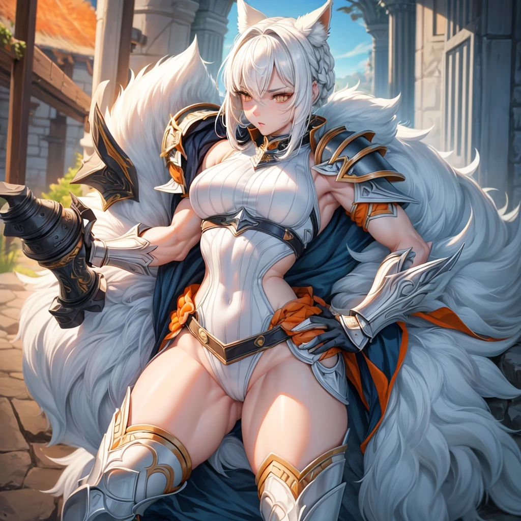 Short white hair with a braided ponytail. White wolf ears and orange eyes. Sexy, fantasy knight armor with legplates, fur on shoulders. Her body is muscular and she has strong, muscular arms and thick thighs. Wide hips.