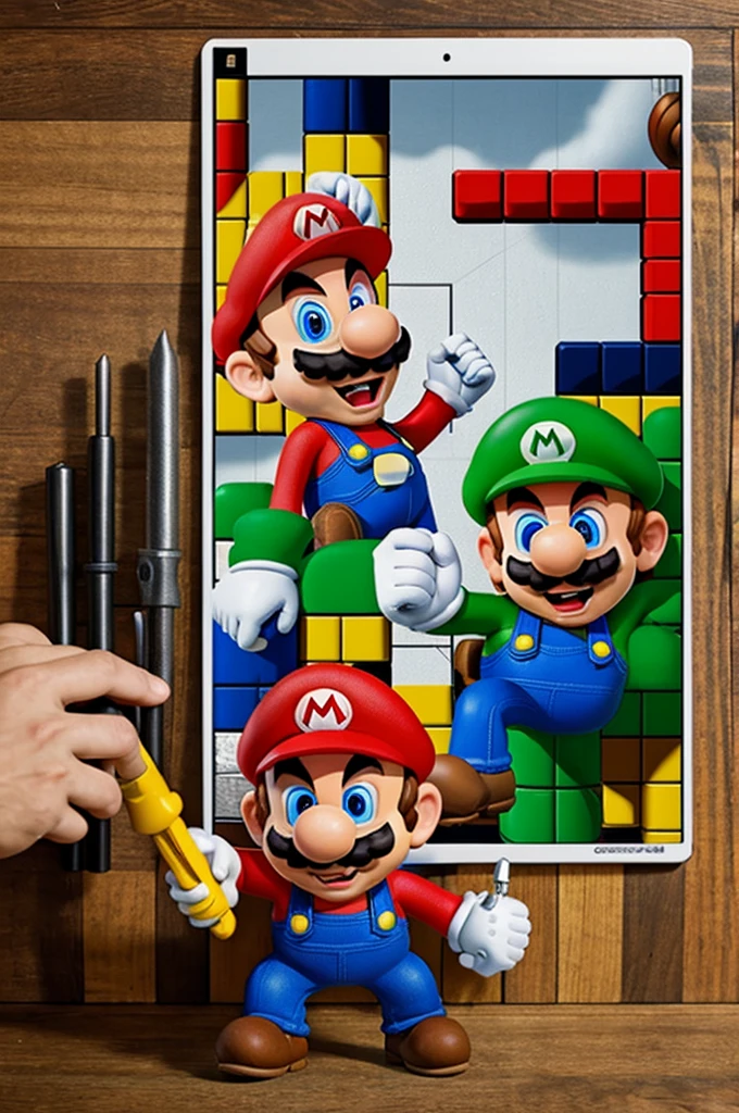 Create a picture of Mario Bros with a screwdriver in his hand