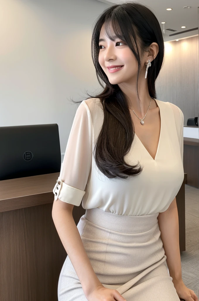 Receptionist at a client company, company receptionist, ((full body)), ((photo)), ((best qualtiy, 8K, tmasterpiece:1.3)), Focus:1.2, perfect figure beautiful girl:1.4, 1girl, cowboy shot, look at viewer, eyes facing the camera, incredibly absurd, beautiful and cute girl with a photorealistic face, showcasing top-quality craftsmanship, A Japanese girl sitting smiling as a receptionist at the reception desk, 19 years old, has long, shiny black hair, straight, with the ends curled slightly inwards, with see-through bangs cut above the eyes, fair and smooth skin, large, round almond-shaped eyes, jet black eyes, long eyelashes, double eyelids, high nose, plump lips, a smile with upturned corners of the mouth, sunken cheeks, a fragile impression, glamorous, well-balanced proportions, tall, 165cm tall, beautiful D-cup breasts, white blouse, beige tight skirt, heeled pumps, pearl necklace and earrings, silver watch, pretty older woman, beautiful, neat, has a cute voice, intelligent, elegant, calm, kind, her hobbies are reading and listening to classical music, February