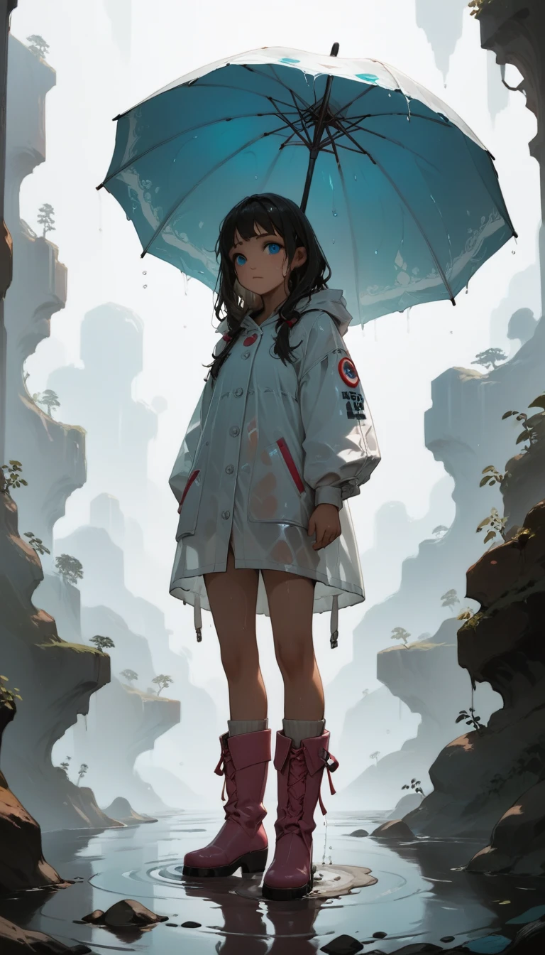 quality\(8K,非常に精細なCGユニットのwallpaper, masterpiece,High resolution,top-quality,top-quality real texture skin,Surreal,Increase the resolution,RAW Photos,最高quality,Very detailed,wallpaper\),BREAK、One Girl、Little Girl、Innocent and cute face、Wet day、Raincoat、Pink boots、Spinning an umbrella、Making water spark from a puddle with his boots