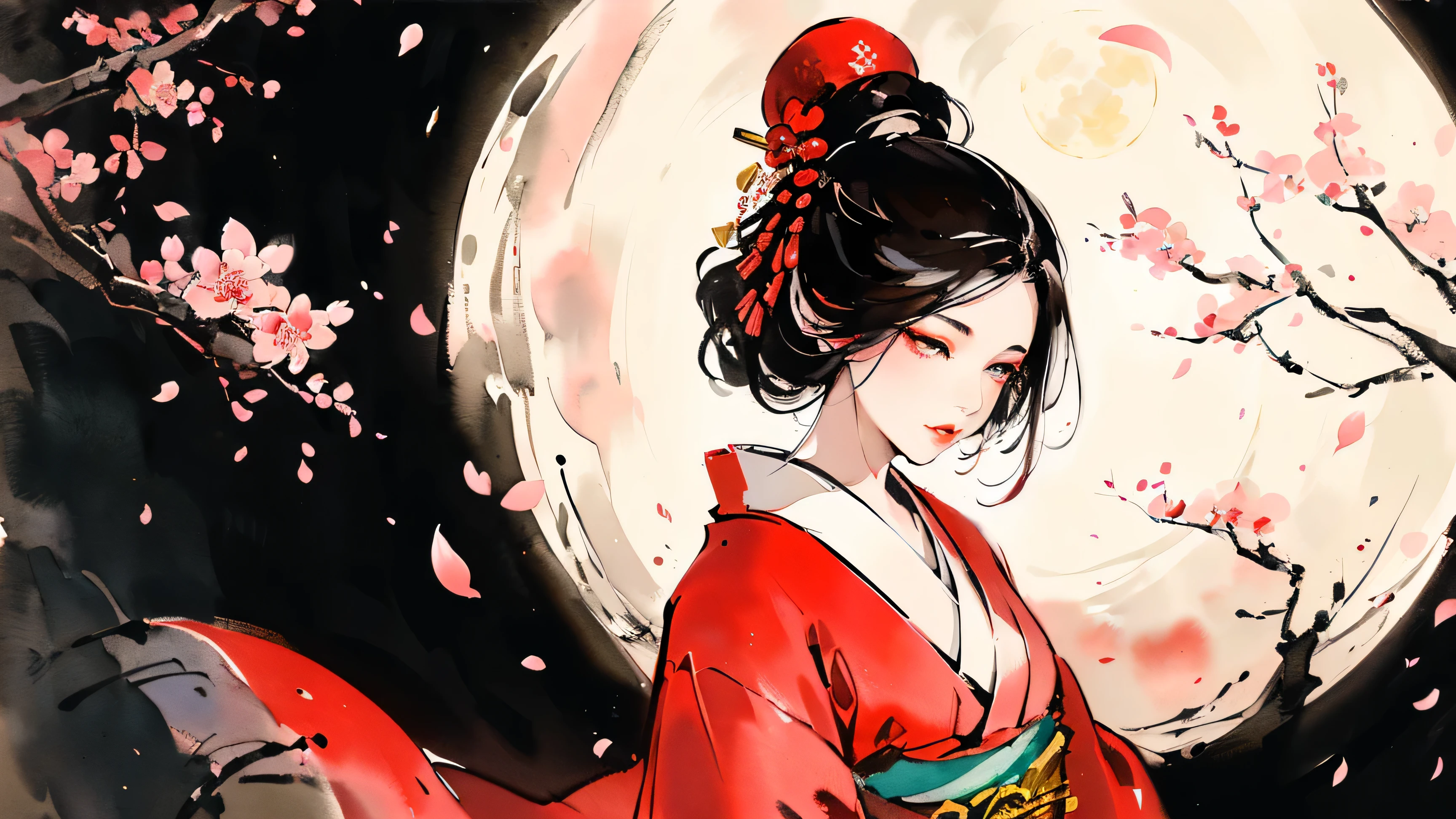 (((Oiran))),(((Prostitute))),(((Huge full moon))), (((Cherry blossom petals are falling))), Flashy kimono,hair ornaments, Scenery of kyoto、(Lips are red:1.5)、 20-year-old, Watercolor, masterpiece, Highest quality, Very delicate and beautiful girl,Very delicate and beautiful, world masterpiece theater, Super detailed, Very detailedな, Highest quality,(((赤いFlashy kimono)))。(((赤いFlashy kimono)))。(((赤いFlashy kimono)))。(((赤いFlashy kimono)))。(((赤いFlashy kimono)))。(((赤いFlashy kimono)))。(((赤いFlashy kimono)))。(((赤いFlashy kimono)))。 (((Black Hair))), (((Black Hair))), (((Black Hair))), (((Cherry tree))), (((Cherry tree))), (((Cherry tree))), (((Cherry tree))), (((Upper Body))), (((Upper Body))), (((Upper Body))), (((Upper Body))), (((Upper Body))), (((Upper Body))), High resolution, Very detailed,5 girls, Highest quality, figure, masterpiece, Highest quality, Accuracy, A woman in her twenties from the late Edo period.。(((赤いFlashy kimono)))。 。In the style of old Japanese paintings with low saturation、The women look like modern anime characters..、She has a bit of Kabuki makeup on..。Strong 2D feel。night。night。night。night。night。night。night。night。