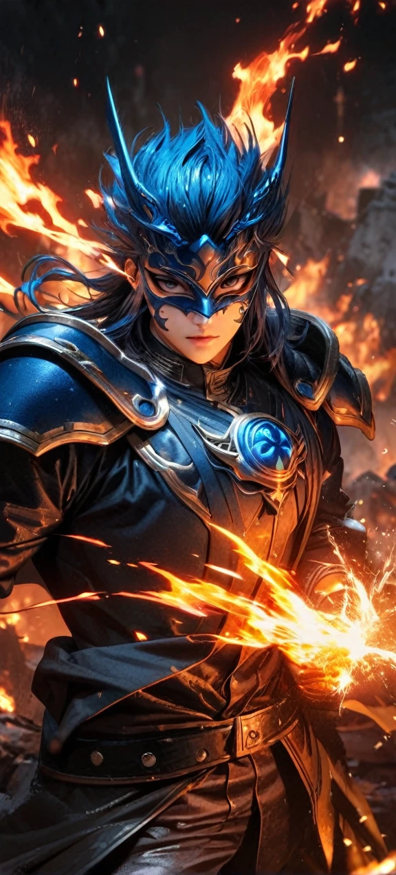  High quality, ultra realistic,absurdres, highres, ultra detailed, HDR, masterpiece, extremely detailed face and eyes,  firebringer , cool mask , Saint Saiya , Dark fire Armor, solo, ,man, handsome, ,white eyeleshes, black eyes , villain expresion, fire splashing effect, fire  lightning  effect,glowing glitters , symetrical , , fire, flaming effect