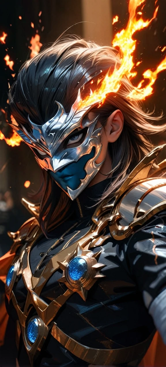  High quality, ultra realistic,absurdres, highres, ultra detailed, HDR, masterpiece, extremely detailed face and eyes,  firebringer , cool mask , Saint Saiya , Dark fire Armor, solo, ,man, handsome, ,white eyeleshes, black eyes , villain expresion, fire splashing effect, fire  lightning  effect,glowing glitters , symetrical , , fire, flaming effect