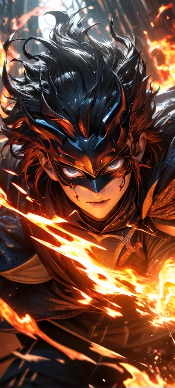 High quality, ultra realistic,absurdres, highres, ultra detailed, HDR, masterpiece, extremely detailed face and eyes, firebringer , cool mask , Saint Saiya , Dark fire Armor, solo, ,man, handsome, ,white eyeleshes, black eyes , villain expresion, fire splashing effect, fire lightning effect,glowing glitters , symetrical , , fire, flaming effect