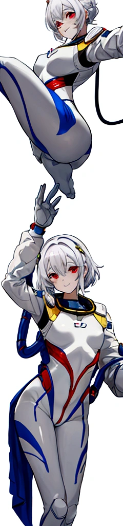 white髪の女性, {alone} ,{{{Looking at viewer}}},{{{You can see the toes}}},Concept Art, White Background, Simple ground,Short wavy white hair,Shoulder length perm hair, {{{Description of the whole body}}} , {{{It is drawn up to the feet}}},Space suit-inspired clothing、Highest quality, masterpiece,Cowboy Shot, Looking_return,Acrobatic pose,young,20 years old, white,Circus member, Beautiful big red eyes, smile,young透明_returnground, returnlighting, White Background, High resolution, Very detailed, information,Short,8K,Official Art,Anatomically correct