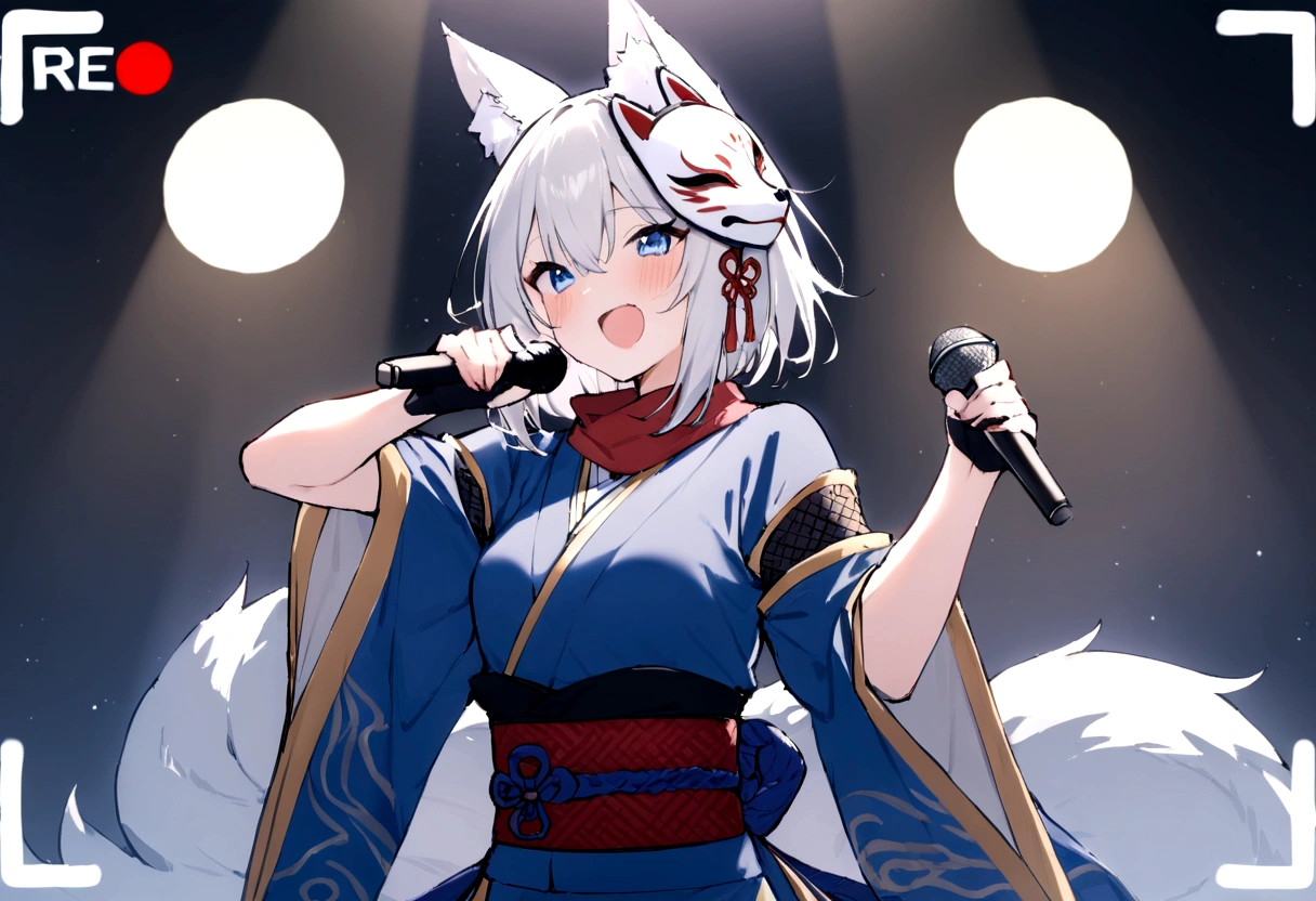 solo、shout、studio、recording、microphoneを持ってshout、Enthusiastic singing、Visible valley、口を大きく開けshout、Sing a song、microphone、(masterpiece, best quality:1.2), 1girl, 独奏,Wolf girl, fox mask, ninja, girl, long white hair, odd eyes, blue kimono, ninja girl, red and blue scarf, fantastic atmosphere.night、Singing on stage、microphoneを持ってshout、、Aside exposure、Black fox mask、Shining Spotlight