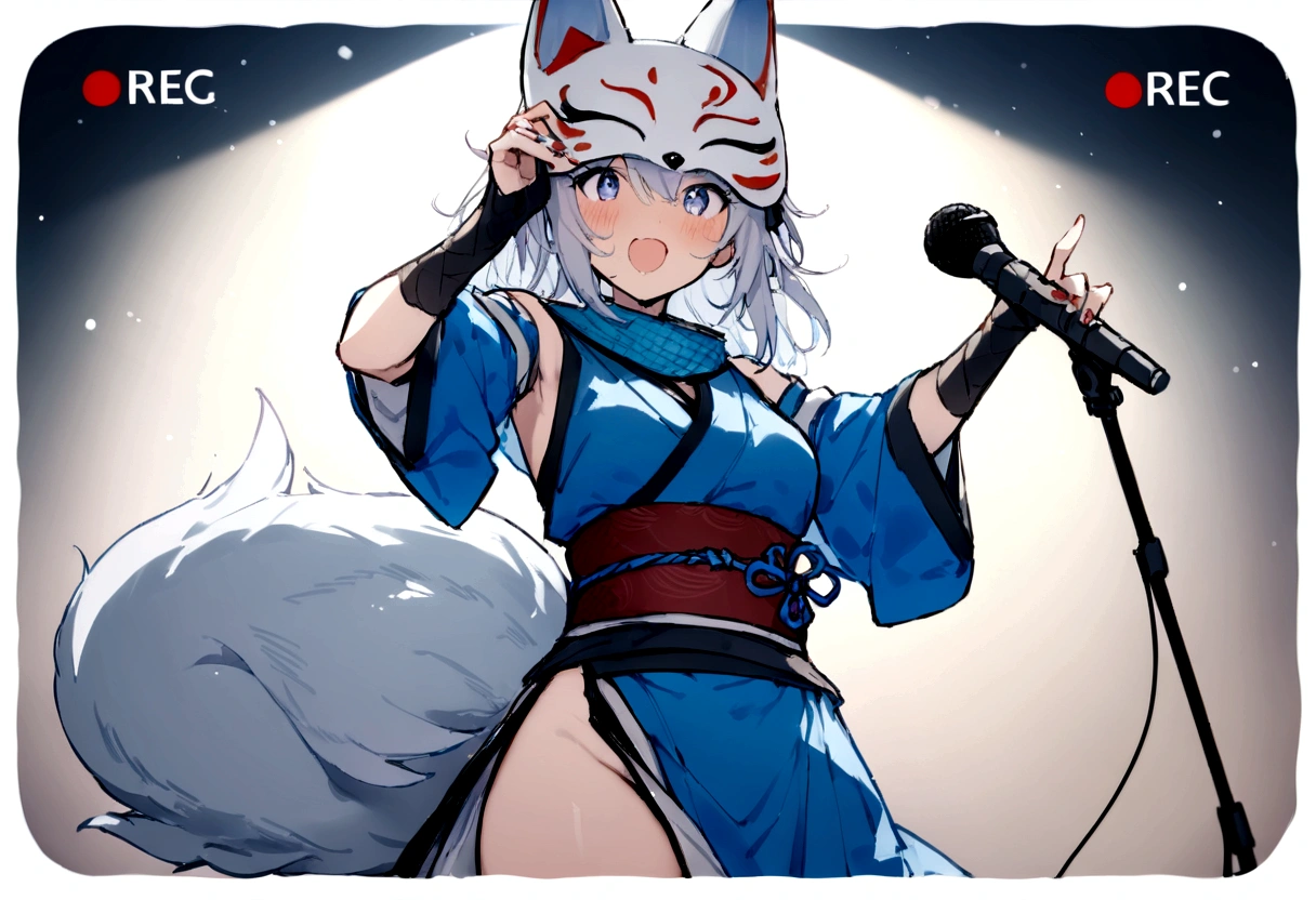 solo、shout、studio、recording、microphoneを持ってshout、Enthusiastic singing、Visible valley、口を大きく開けshout、Sing a song、microphone、(masterpiece, best quality:1.2), 1girl, 独奏,Wolf girl, fox mask, ninja, girl, long white hair, odd eyes, blue kimono, ninja girl, red and blue scarf, fantastic atmosphere.night、Singing on stage、microphoneを持ってshout、、Aside exposure、Black fox mask、Shining Spotlight