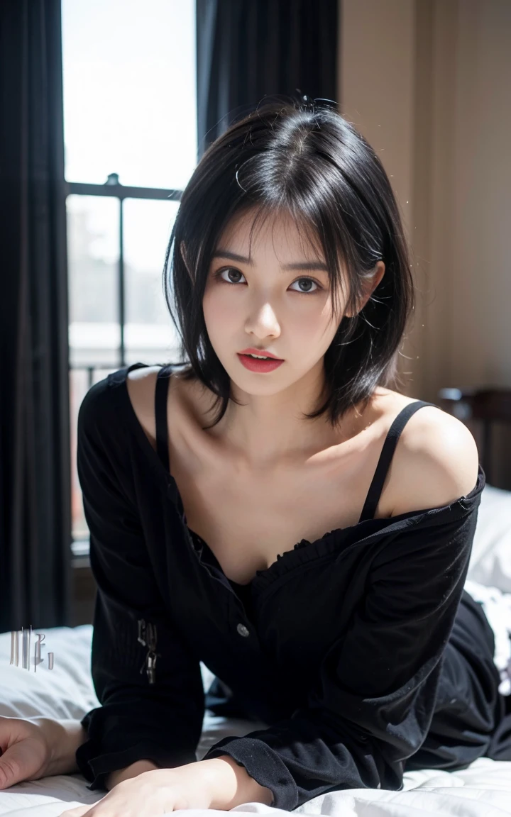 Highly detailed CG Unity 8k wallpaper, top quality, super detailed, masterpiece, realistic, photorealistic, highly detailed cute girl, 25 years old, ((black hair: 1.4)), ((dyed black)), (gal), round eyes, viewer, blush, parted lips, semi-body shot, (bathrobe) , bed , all fours ,short hair, 