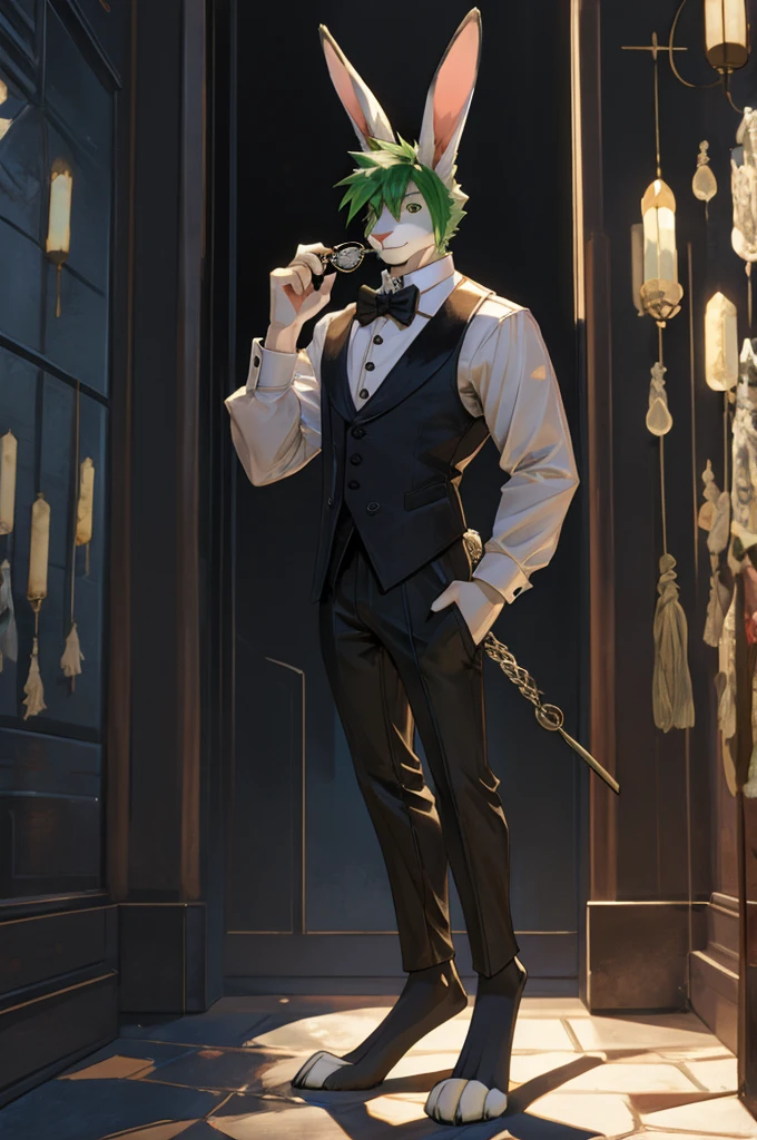 white fur, green hair, top hat, black vest, long ears, rabbit, droopy ears, male, pocket watch, long legs, digitigrade legs, (tall:1.9), no pants, no sleeves,