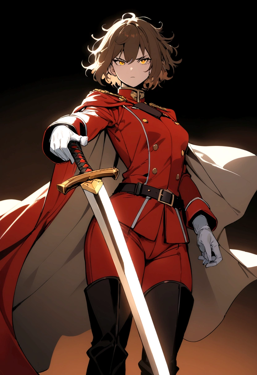 Masterpiece, detailed, Best Quality , girl with brown hair , short hair, yellow eyes, red royal guard uniform , messy hair, Alone , long cape , serious , long boots , white gloves , sharp sword , elegant , strong , high , good body , 20 years , guard pants , black boots
