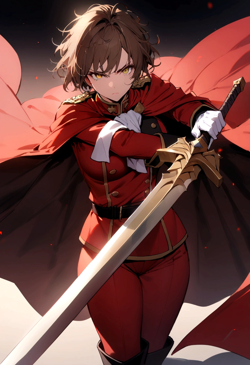 Masterpiece, detailed, Best Quality , girl with brown hair , short hair, yellow eyes, red royal guard uniform , messy hair, Alone , long cape , serious , long boots , white gloves , sharp sword , elegant , strong , high , good body , 20 years , guard pants , black boots