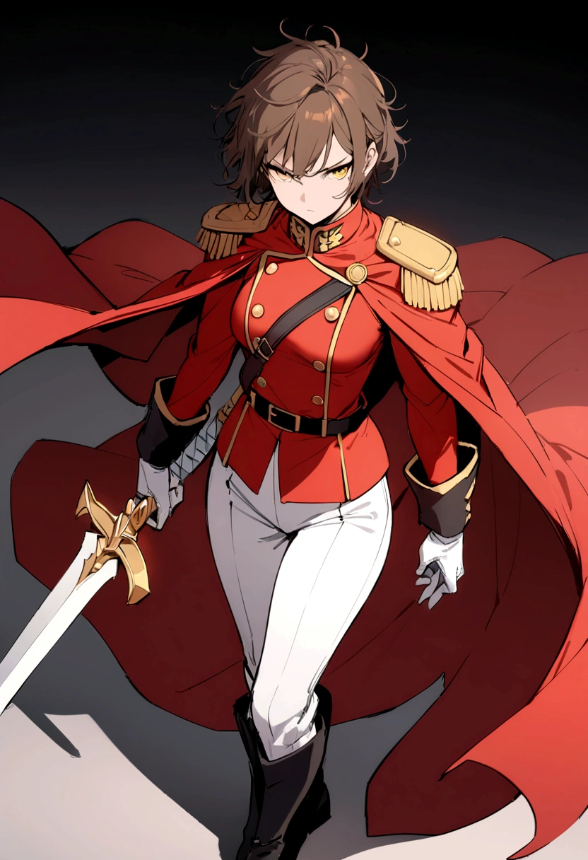 Masterpiece, detailed, Best Quality , girl with brown hair , short hair, yellow eyes, red royal guard uniform , messy hair, Alone , long cape , serious , long boots , white gloves , sharp sword , elegant , strong , high , good body , 20 years , guard pants , black boots