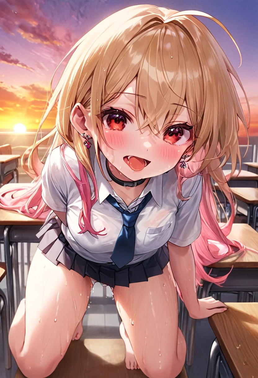((Highest quality, 8K, masterpiece: 1.3, One girl, beautiful girl)), cute, dynamism, Detailed face, Detailed skin, Detailed clothing, Fine grain, Detailed lips, Detailed tongue, Detailed fingers, Mouth details, Realistic, RAW Photos, High resolution, Natural light, Dynamic pose, Perfect Anatomy, Toned Legs, double eyelid, Tear bags, Round eyes, Moist lips, Sweaty, ((This passage, Marine Kitagawa)) Blonde and pink hair, Metal collar, ear Earrings, Earrings, Long Hair, Earrings, Red Eyes, Straight hair, Swept-apart bangs, Gradient Hair, School uniform, White shirt, tie, Checkered Pleated Skirt, Ecstatic face, Ahegao, Drooling, View your viewers, (Pull down your panties, Grab your own chest), In the classroom at sunset, pubic hair