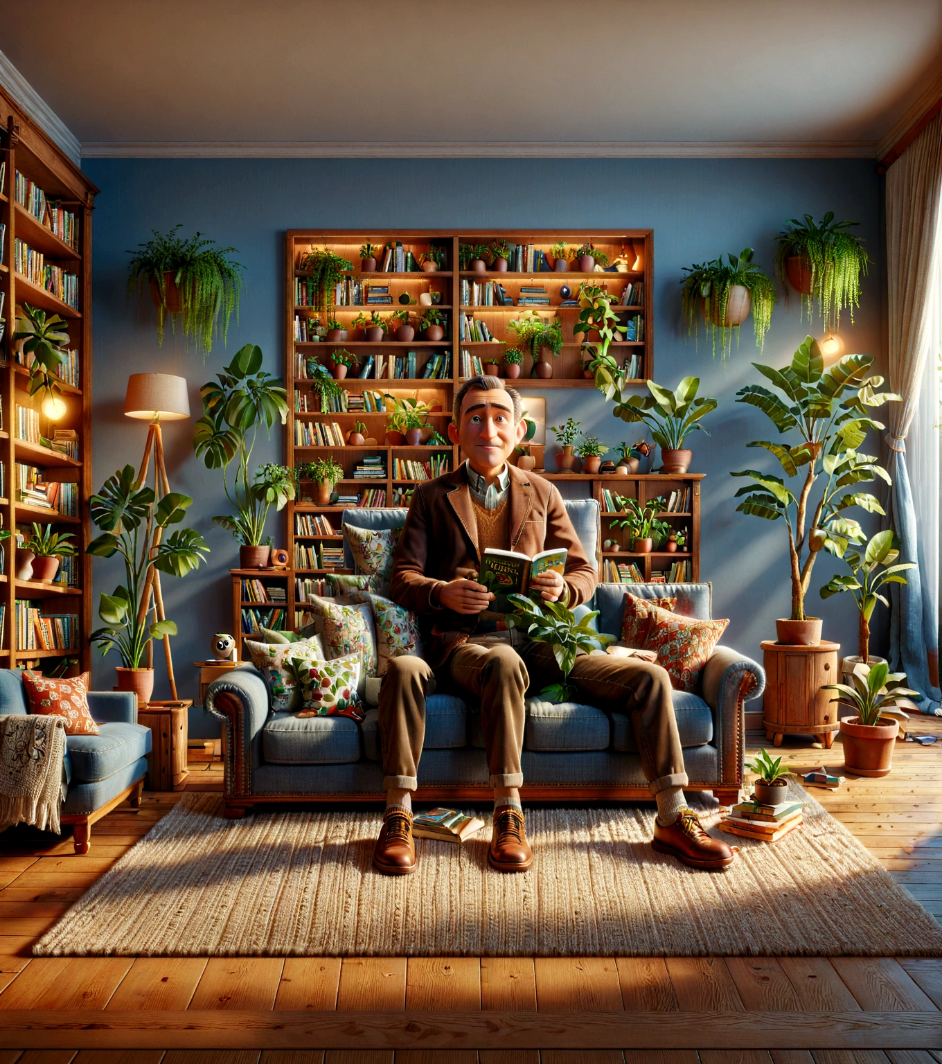 one man sitting on a couch in a living room, casual clothing, photorealistic, high-quality, detailed, warm lighting, comfortable interior, armchair, bookshelf, plants, wood floor, window, detailed facial features, detailed clothing texture, pixar style