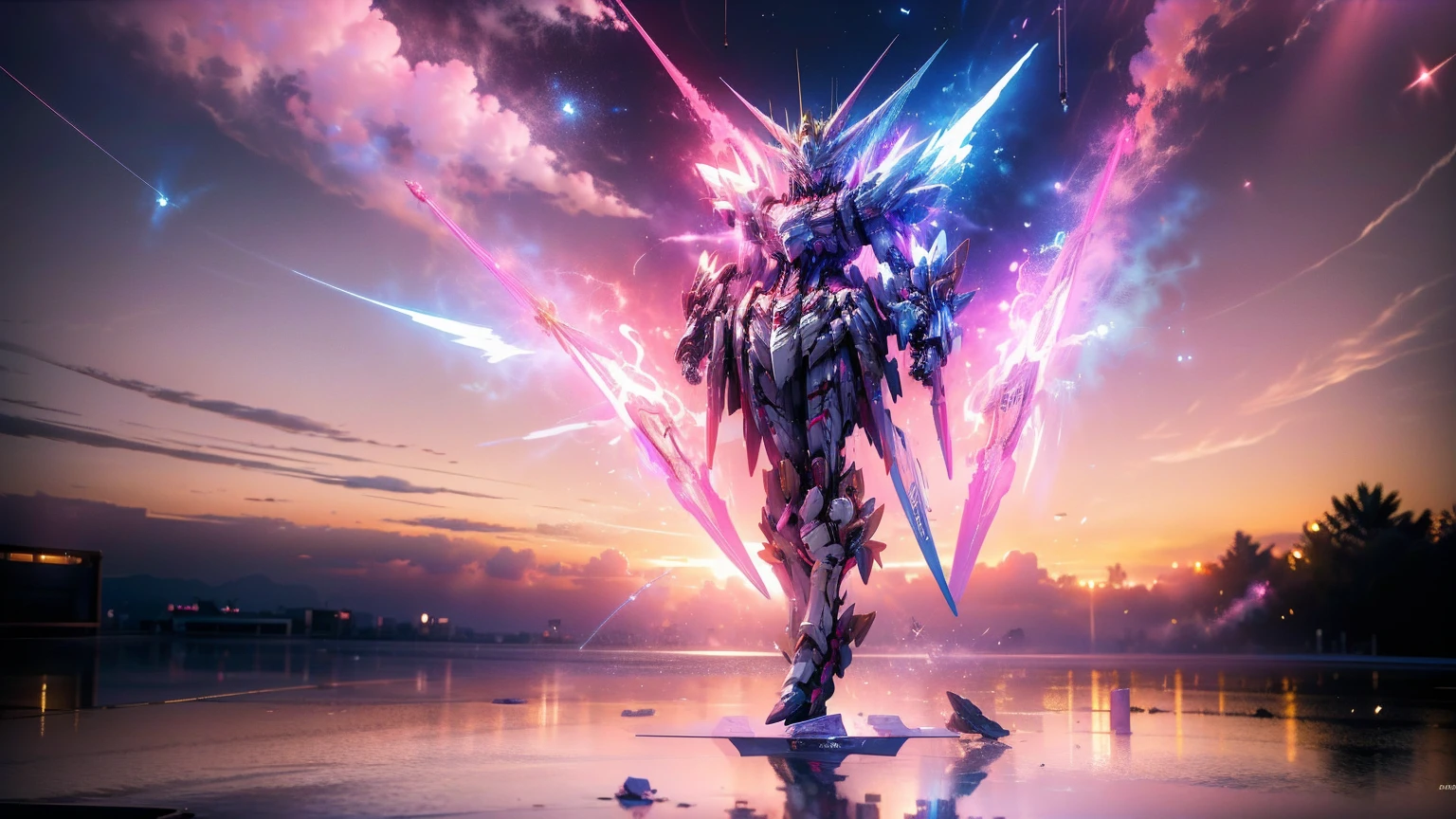 Real、high resolution、8K、The Strike Freedom Gundam stands in space emitting pink light particles.、Particles of light surround the aircraft、Facing the camera、（Female humanoid giant robot）、
