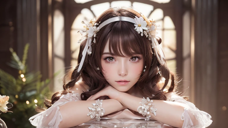 (((masterpiece))), (8K, expensive_solve), (clear_image), Highly detailed CG, ((Highest quality), Beautiful eyes and fine face, ((embarrassed,blush:0.8)), (Abdominal muscles:0.8), (drill hair,dark brown hair,hair ribbon,bright,flower hair ornament),white armored dress