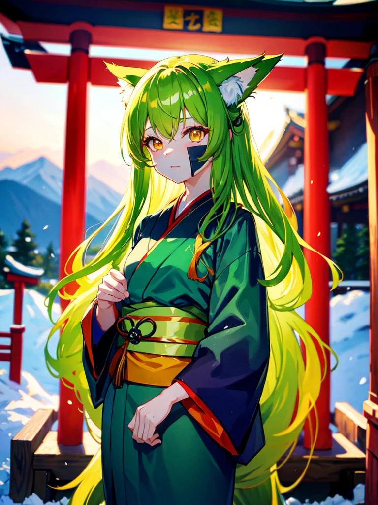 Anime girl with green long hair kitsune Mimi wear kimono yukata hakama, only one color hair, green hair, matcha green long hair, kitsune mimi, kemono mimi, kemo mimi, detail eyes (red yellow orange gradient fox eye), shining eye, glowing Cristal eye, piercing glowing eye, beautiful eye.Three tail fox.japan shrine,red Shrine, shinto shrine. Lake background, Snowy mountain. 4k resolution, masterpiece art, detail hair, detail fingers, 4 fingers, high resolution, Symmetrical Fingers. Night.