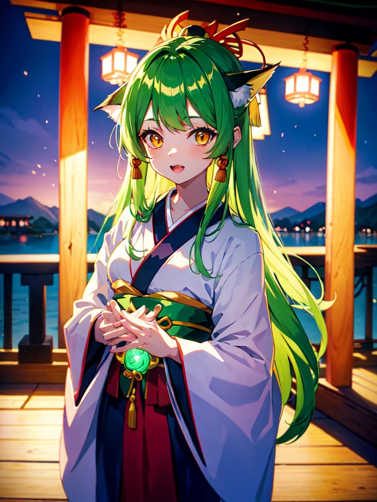 Anime girl with green long hair kitsune Mimi wear kimono yukata hakama, only one color hair, green hair, matcha green long hair, kitsune mimi, kemono mimi, kemo mimi, detail eyes (red yellow orange gradient fox eye), shining eye, glowing Cristal eye, piercing glowing eye, beautiful eye.Three tail fox.japan shrine,red Shrine, shinto shrine. Lake background, Snowy mountain. 4k resolution, masterpiece art, detail hair, detail fingers, 4 fingers, high resolution, Symmetrical Fingers. Night.
