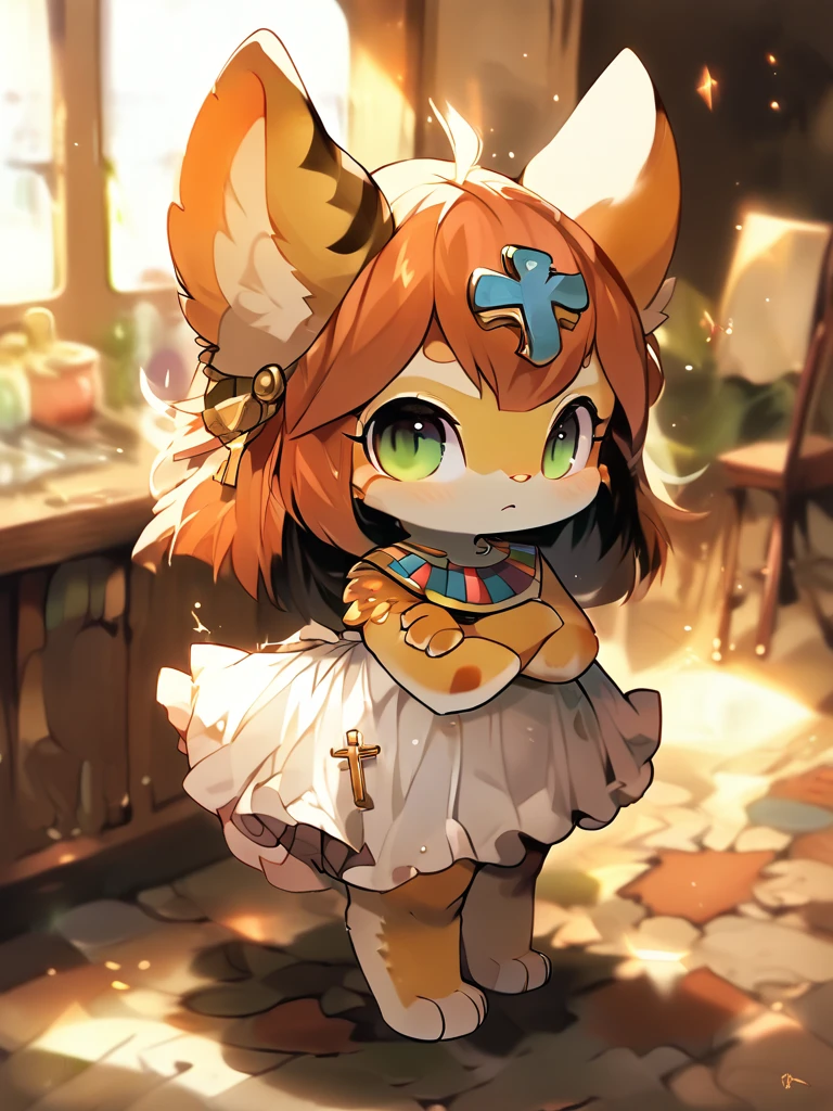 score_9, score_8_above, score_7_above, fuinte_furry, 1 girl, Alone, whole body, standing, crossed_arms, spread_legs, looking_in_viewer, Eyes_\(ANIMAL_CROSS\), (Chibi:0.6), piso de arinisca, muro de arinisca, Egyptian tomb, interior, mini dress, big ass