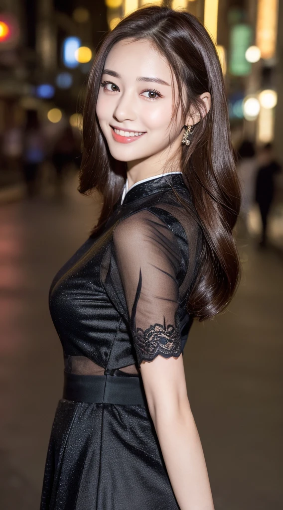 ((Top quality、8K、masterpiece、:1.3))、1 Girl、a smile、whole body、Thin face、Pretty Woman、(Dark brown hair)、qipao dress:1.1、Super detailed face、Delicate eyes、Double eyelids、Blurred background、Thin face、Night view、appearance、street、Raw,Back,walk,Raw,Back