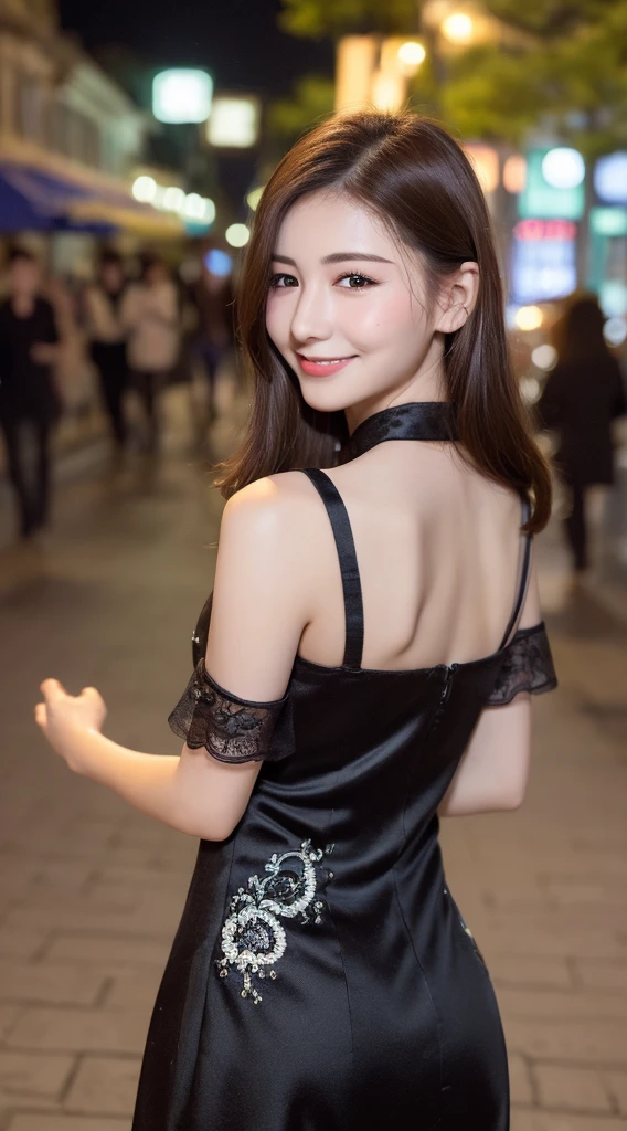 ((Top quality、8K、masterpiece、:1.3))、1 Girl、a smile、whole body、Thin face、Pretty Woman、(Dark brown hair)、qipao dress:1.1、Super detailed face、Delicate eyes、Double eyelids、Blurred background、Thin face、Night view、appearance、street、Raw,Back,walk,Raw,Back