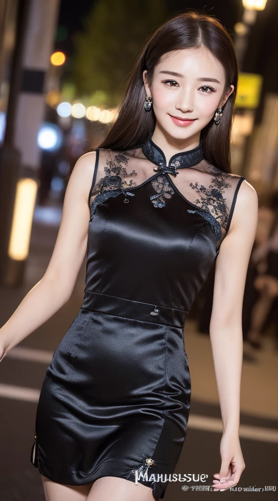 ((Top quality、8K、masterpiece、:1.3))、1 Girl、a smile、whole body、Thin face、Pretty Woman、(Dark brown hair)、qipao dress:1.1、Super detailed face、Delicate eyes、Double eyelids、Blurred background、Thin face、Night view、appearance、street、Raw,Back，walk，Raw,Back