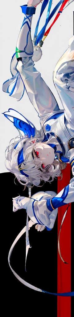 white髪の女性, {alone} ,{{{Looking at viewer}}},{{{You can see the toes}}},Concept Art, White Background, Simple ground,Short wavy white hair,Shoulder length perm hair, {{{Description of the whole body}}} , {{{It is drawn up to the feet}}},Space suit-inspired clothing、Highest quality, masterpiece,Cowboy Shot, Looking_return,Acrobatic pose,young,20 years old, white,Circus member, Beautiful big red eyes, smile,young透明_returnground, returnlighting, White Background, High resolution, Very detailed, information,Short,8K,Official Art,Anatomically correct